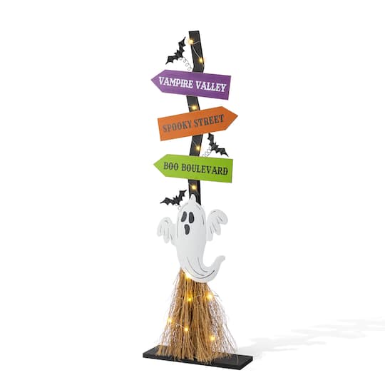 Glitzhome® 41.75"H Lighted Halloween Wooden Ghost's Broom Porch Decor